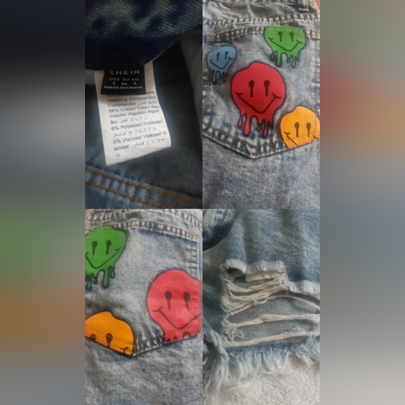 CARTOON FACE PRINT RIPPED RAW CUT DENIM SHORTS. WOMENS SIZE 4. NEW - Picture 4 of 4